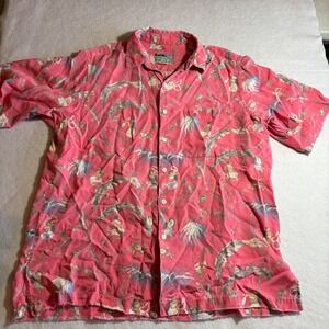 Reyn Spooner Hawaiian Shirt Mens Medium Coral Floral Hula Dancer Aloha Raw Hems‎